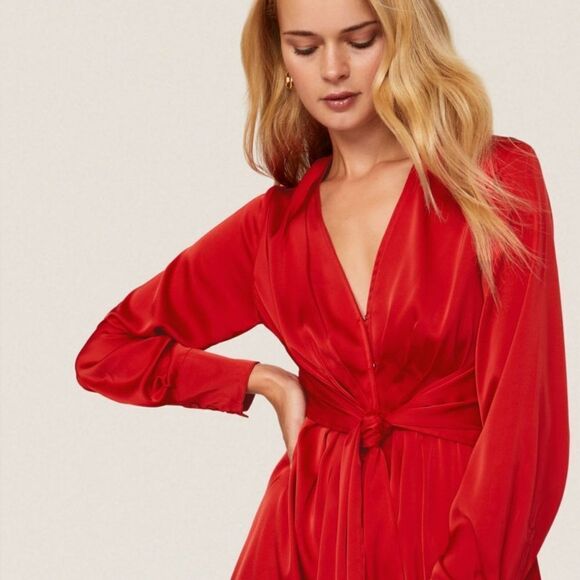 Marissa Webb Collective Satin Tie Front Long Sleeve Ruffle V-Neck Dress in Red 8 - Picture 3 of 10